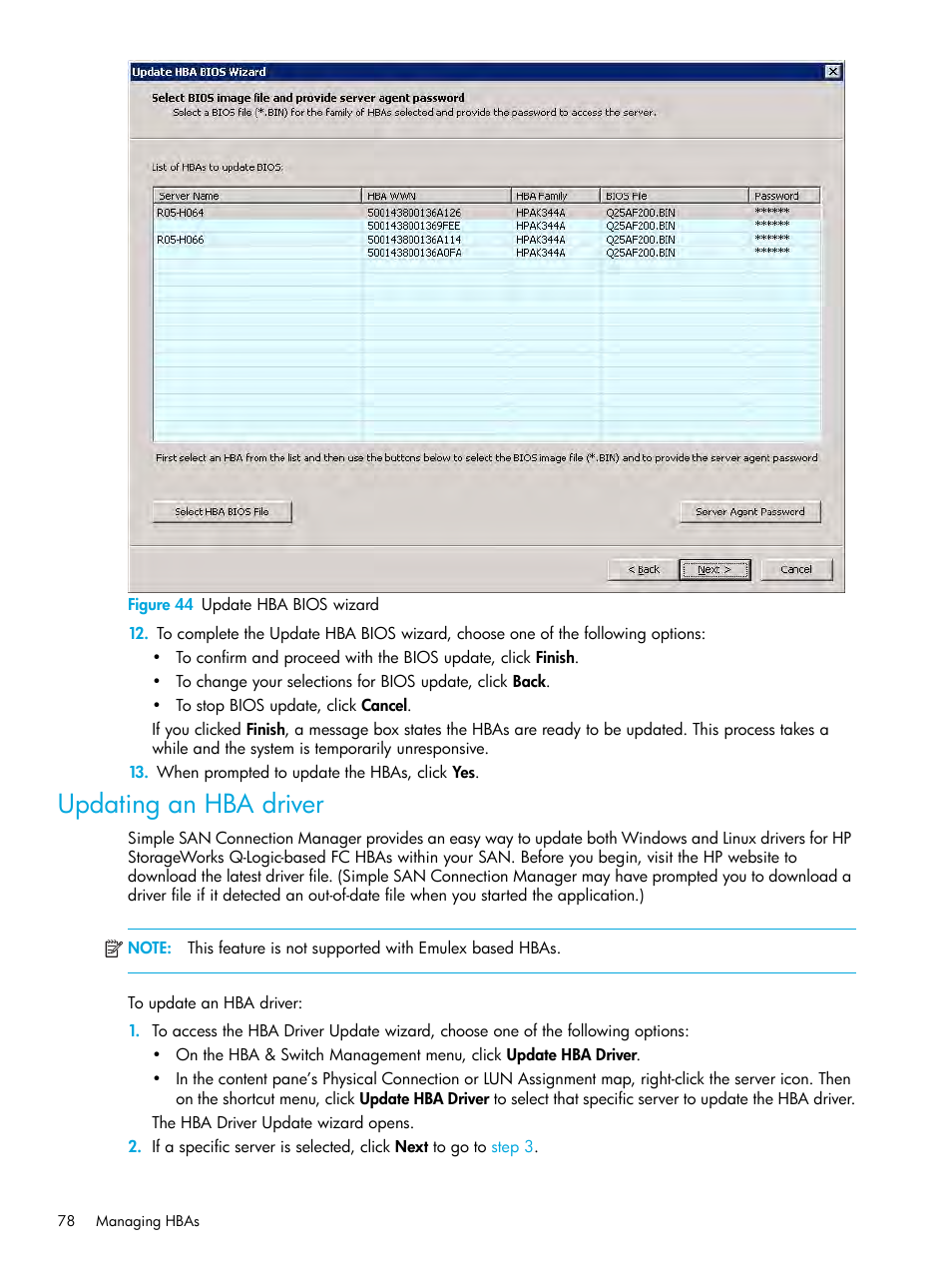 Updating an hba driver, 44 update hba bios wizard, Figure 44 | HP StorageWorks 2000fc G2 Modular Smart Array User Manual | Page 78 / 150