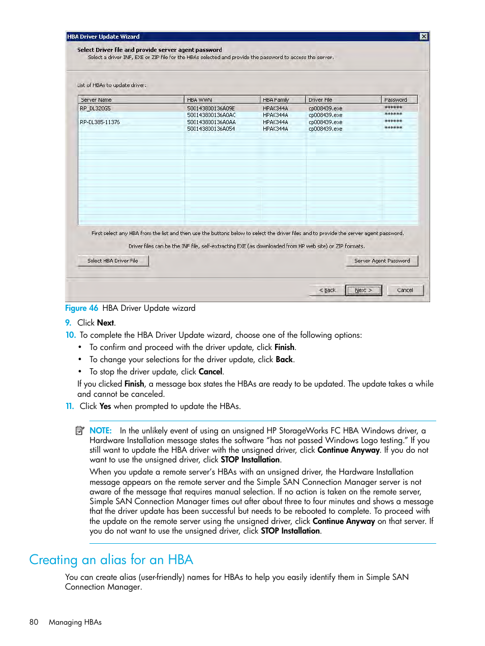 Creating an alias for an hba, 46 hba driver update wizard, Figure 46 | HP StorageWorks 2000fc G2 Modular Smart Array User Manual | Page 80 / 150