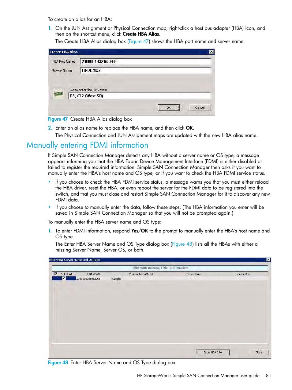 Manually entering fdmi information, 47 create hba alias dialog box, 48 enter hba server name and os type dialog box | HP StorageWorks 2000fc G2 Modular Smart Array User Manual | Page 81 / 150