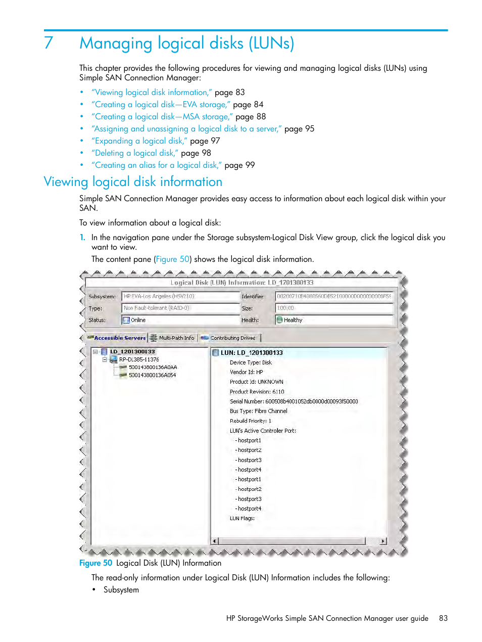 Managing logical disks (luns), Viewing logical disk information, 7 managing logical disks (luns) | 50 logical disk (lun) information, 7managing logical disks (luns) | HP StorageWorks 2000fc G2 Modular Smart Array User Manual | Page 83 / 150