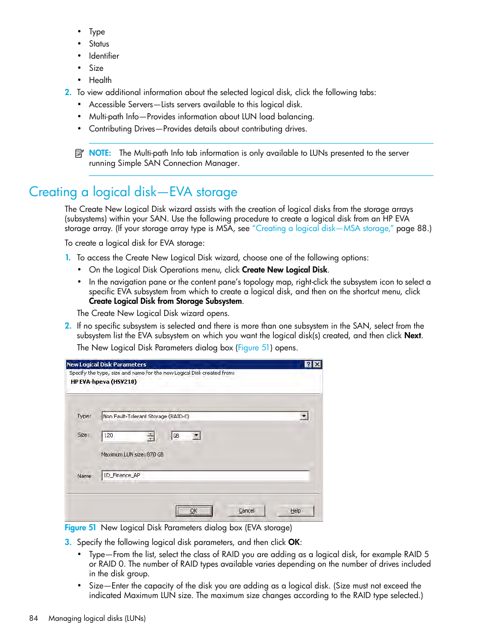 Creating a logical disk—eva storage, Creating a logical, Disk—eva storage | HP StorageWorks 2000fc G2 Modular Smart Array User Manual | Page 84 / 150