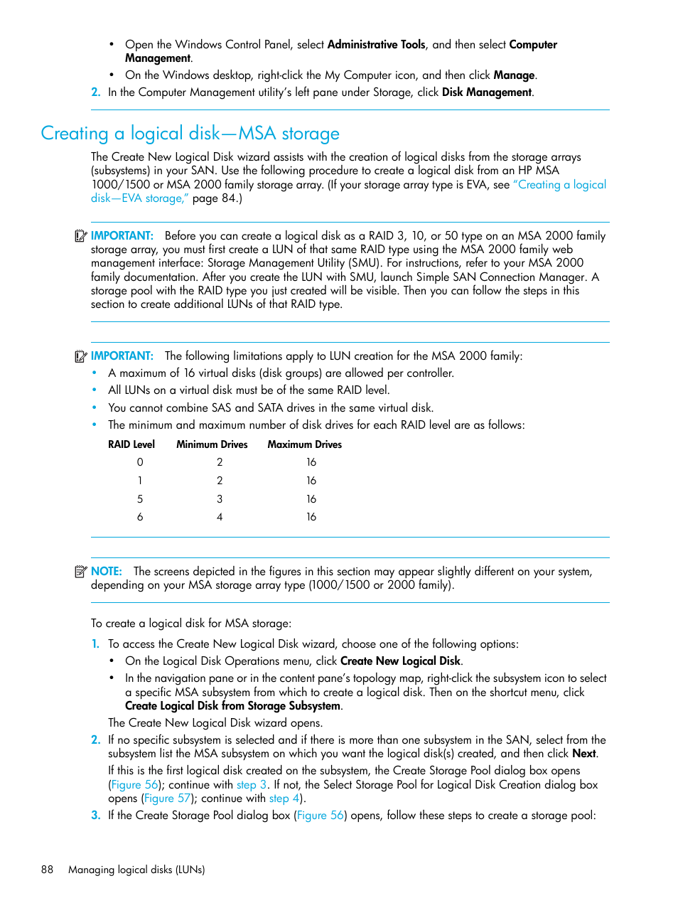 Creating a logical disk—msa storage, Creating a, Logical disk—msa storage | HP StorageWorks 2000fc G2 Modular Smart Array User Manual | Page 88 / 150