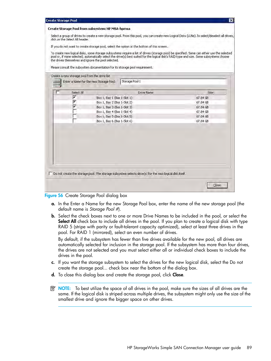 56 create storage pool dialog box, Figure 56 | HP StorageWorks 2000fc G2 Modular Smart Array User Manual | Page 89 / 150