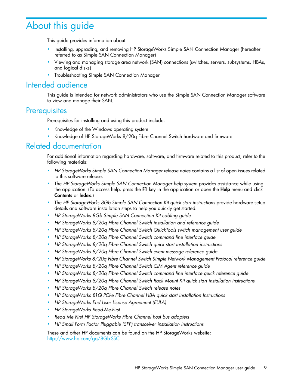 About this guide, Intended audience, Prerequisites | Related documentation | HP StorageWorks 2000fc G2 Modular Smart Array User Manual | Page 9 / 150