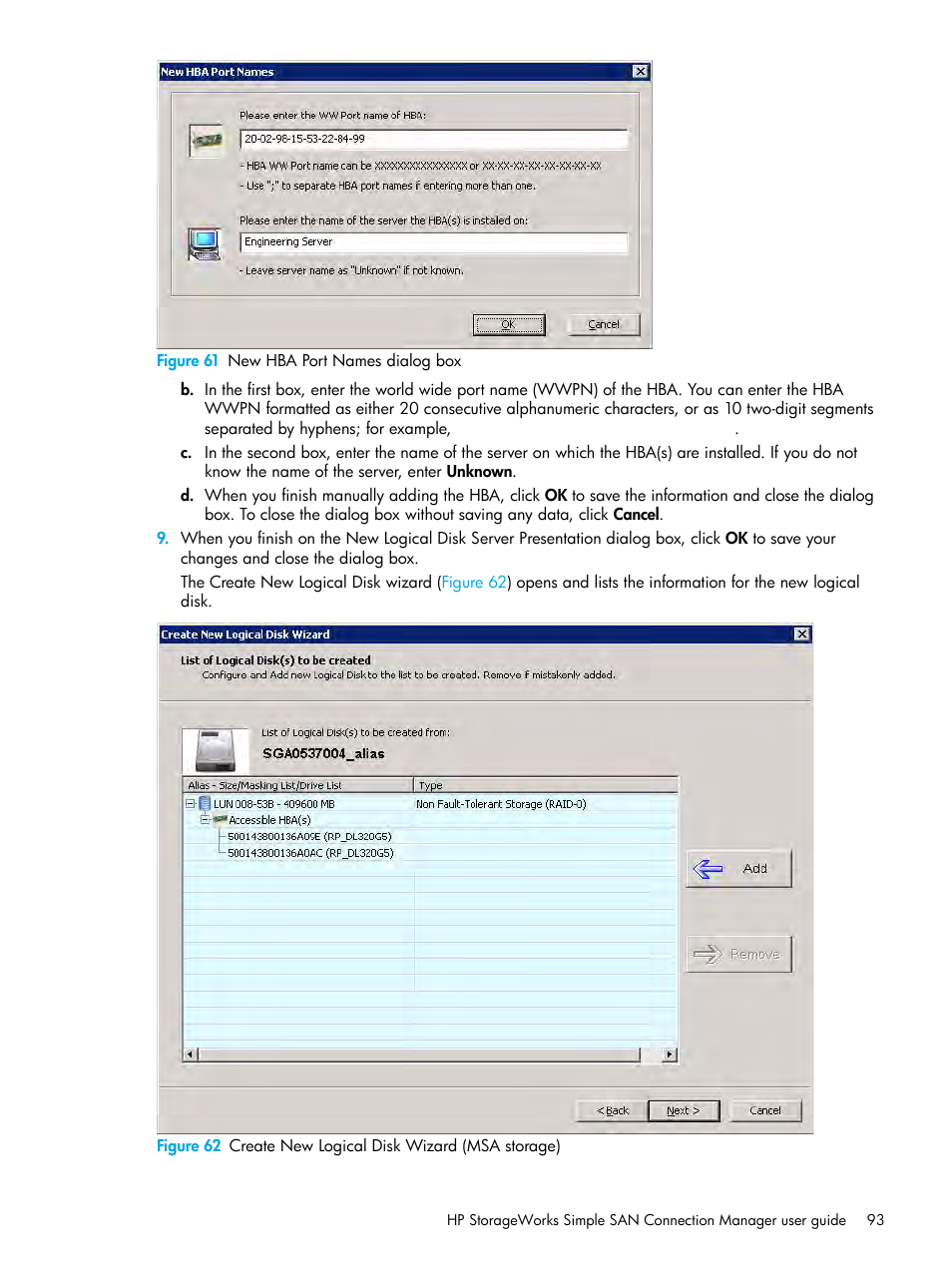 61 new hba port names dialog box, 62 create new logical disk wizard (msa storage) | HP StorageWorks 2000fc G2 Modular Smart Array User Manual | Page 93 / 150