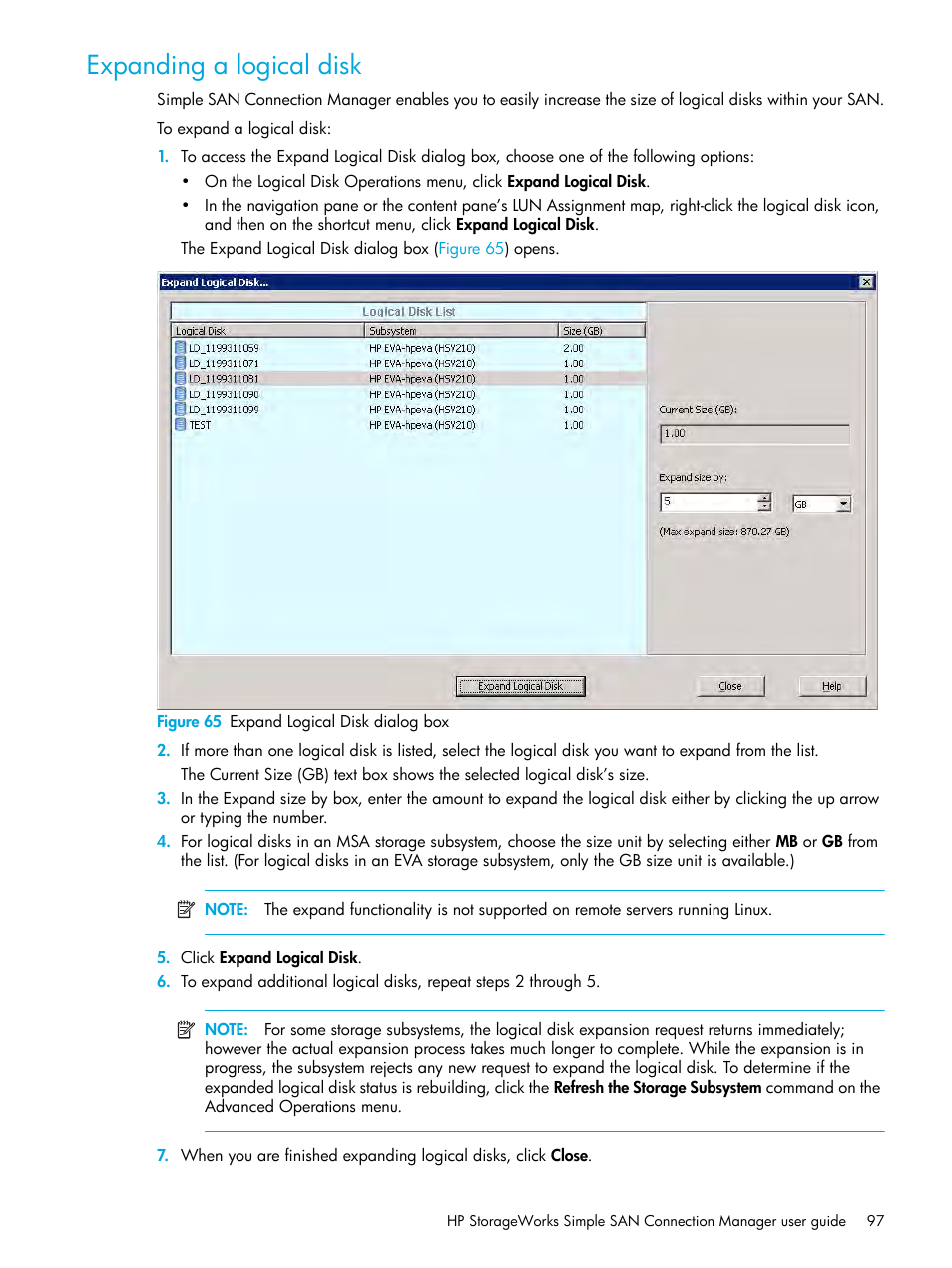 Expanding a logical disk, 65 expand logical disk dialog box, Expanding a | Logical disk | HP StorageWorks 2000fc G2 Modular Smart Array User Manual | Page 97 / 150