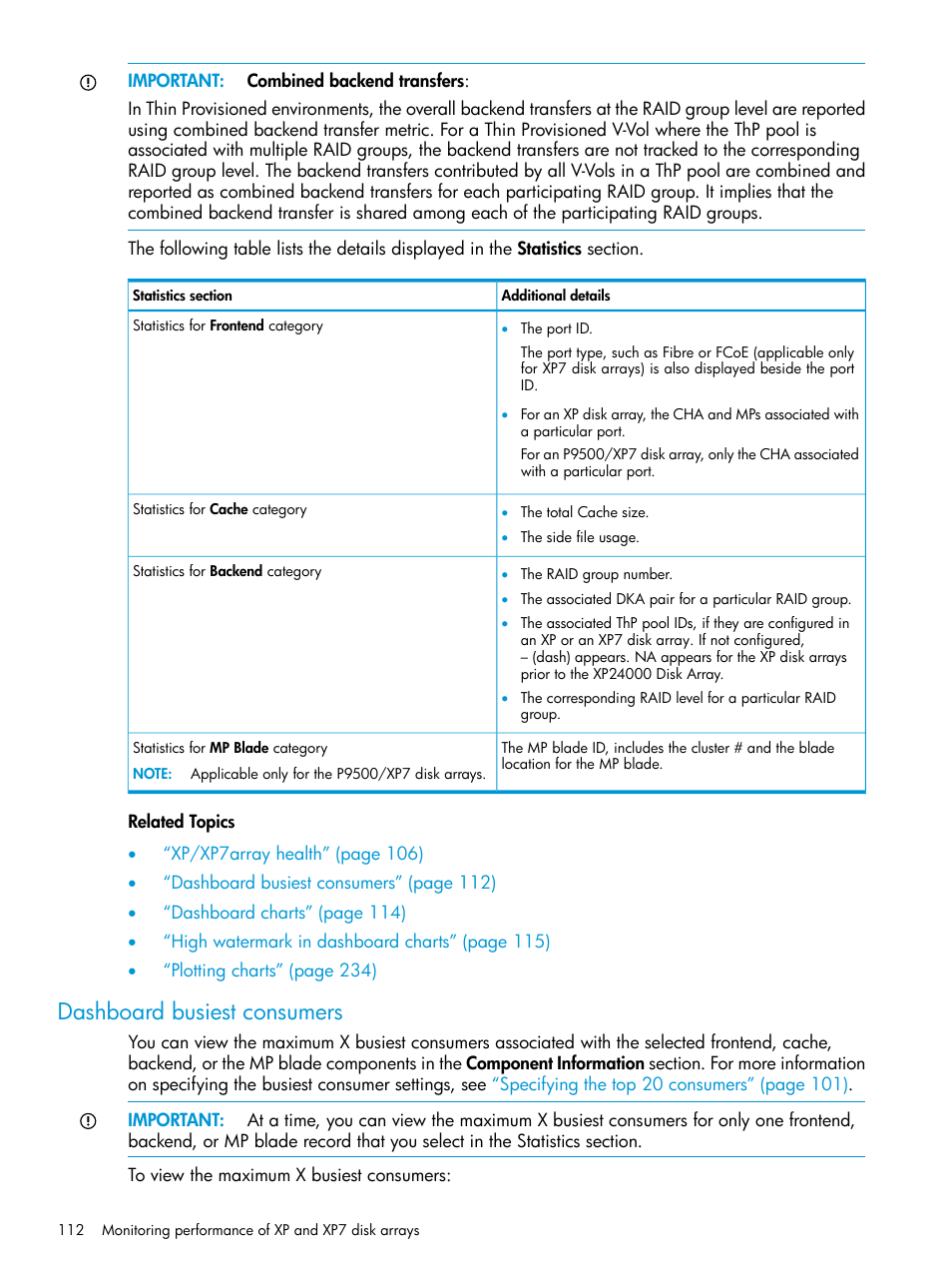 Dashboard busiest consumers, Dashboard | HP XP Performance Advisor Software User Manual | Page 112 / 414