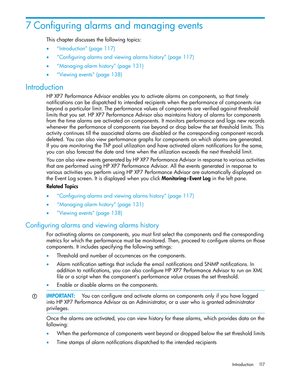 7 configuring alarms and managing events, Introduction, Configuring alarms and viewing alarms history | HP XP Performance Advisor Software User Manual | Page 117 / 414