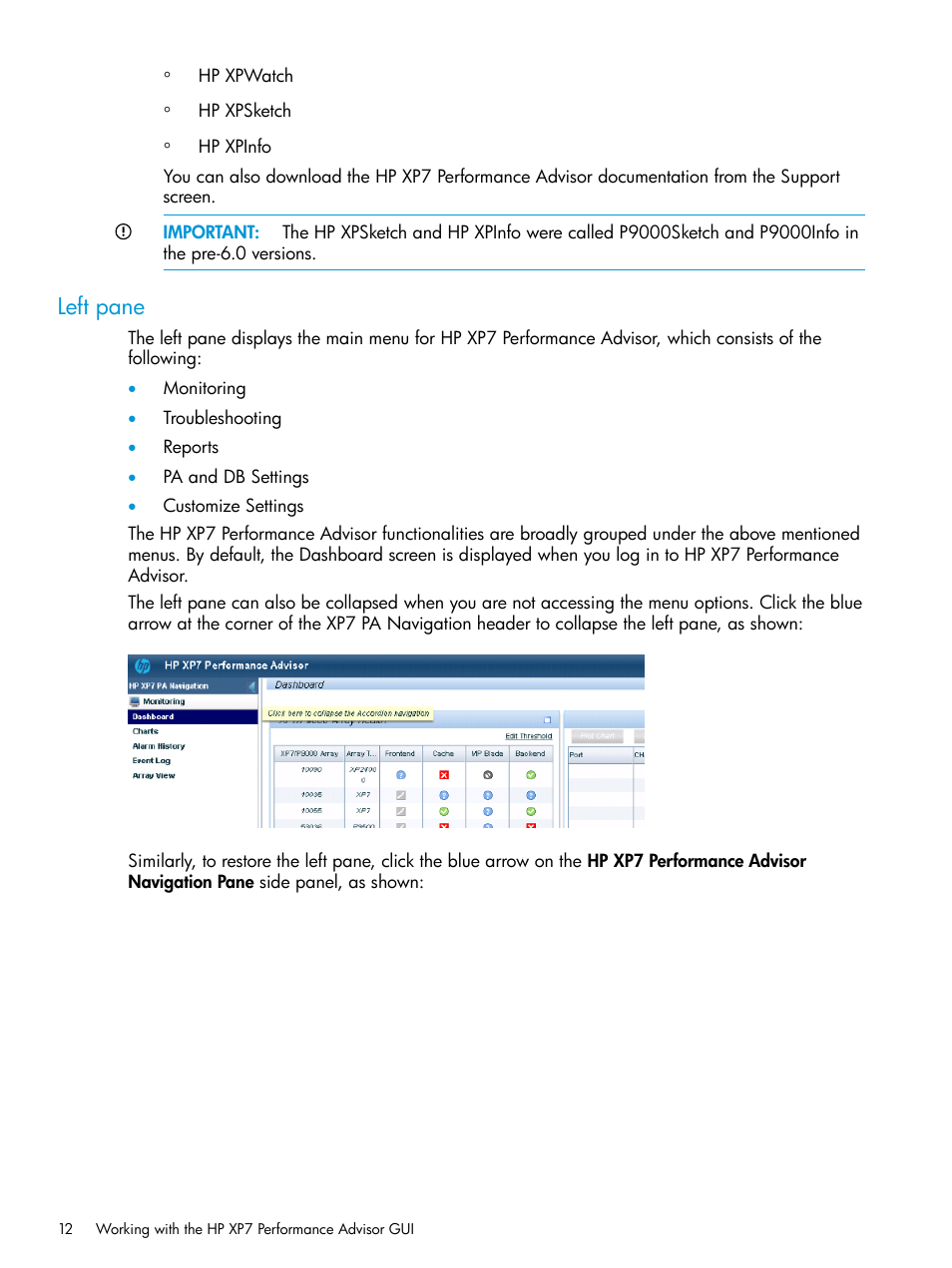 Left pane | HP XP Performance Advisor Software User Manual | Page 12 / 414