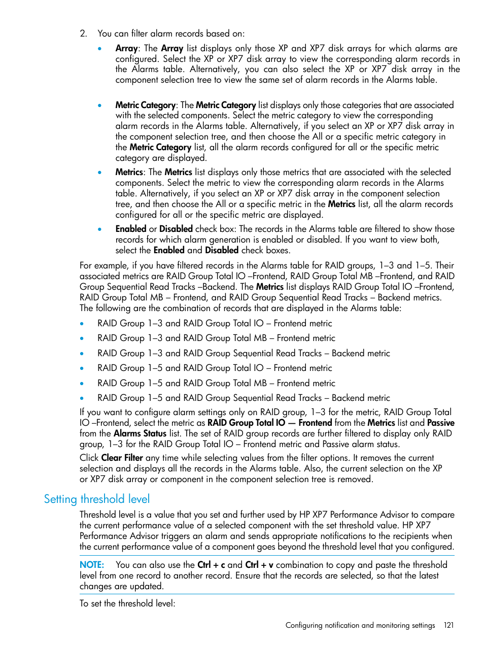 Setting threshold level, Setting | HP XP Performance Advisor Software User Manual | Page 121 / 414