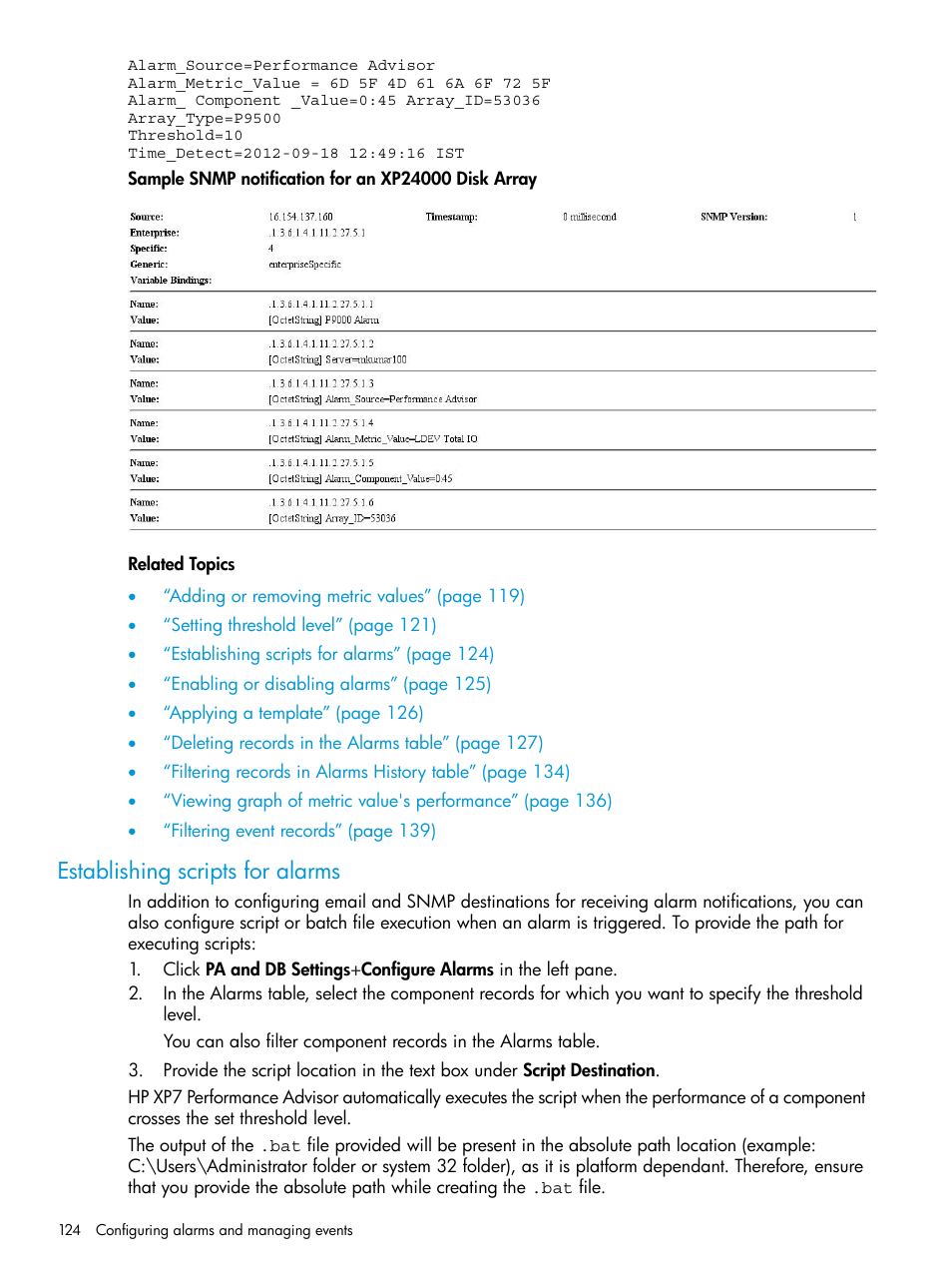 Establishing scripts for alarms | HP XP Performance Advisor Software User Manual | Page 124 / 414
