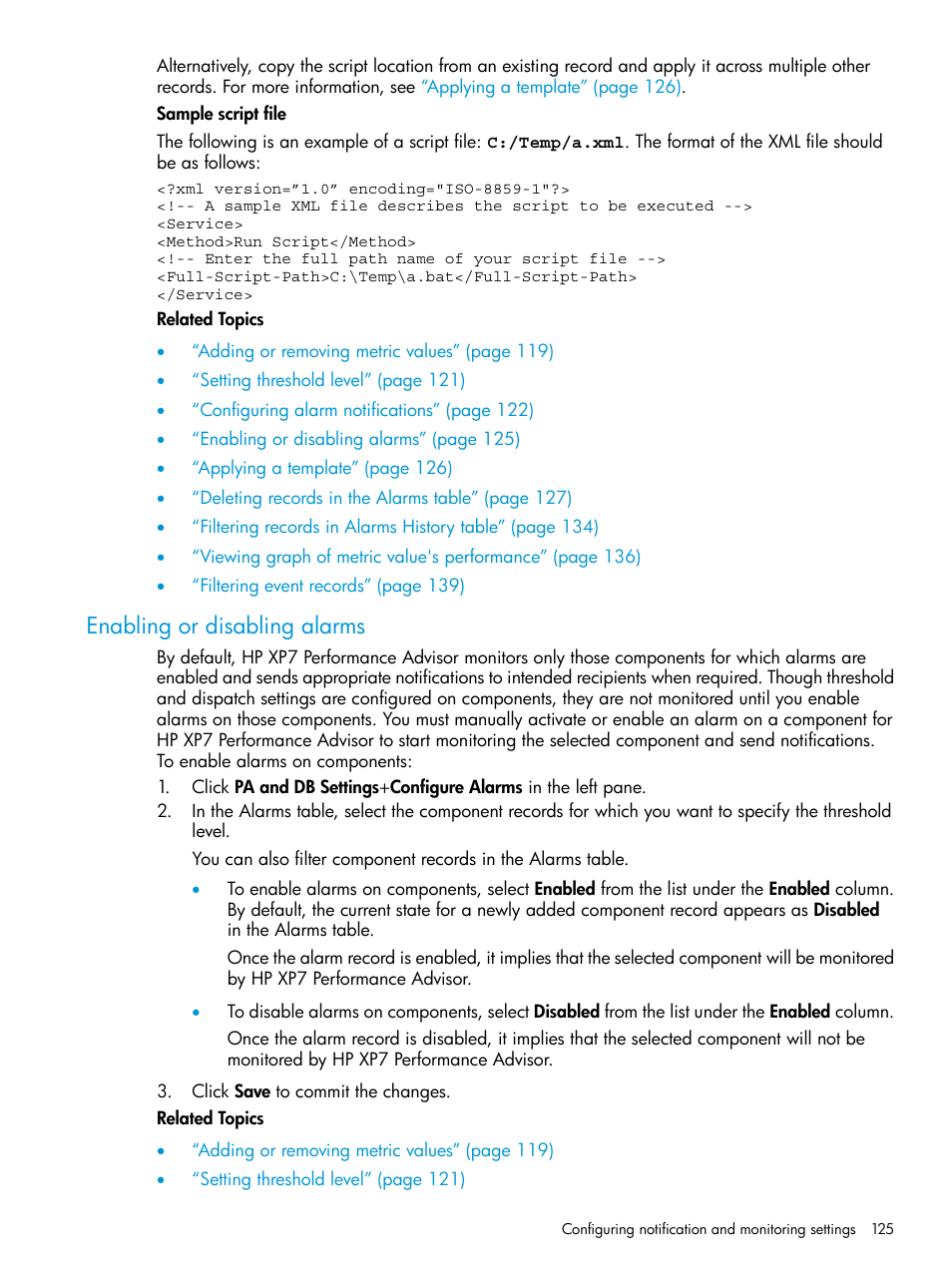 Enabling or disabling alarms | HP XP Performance Advisor Software User Manual | Page 125 / 414