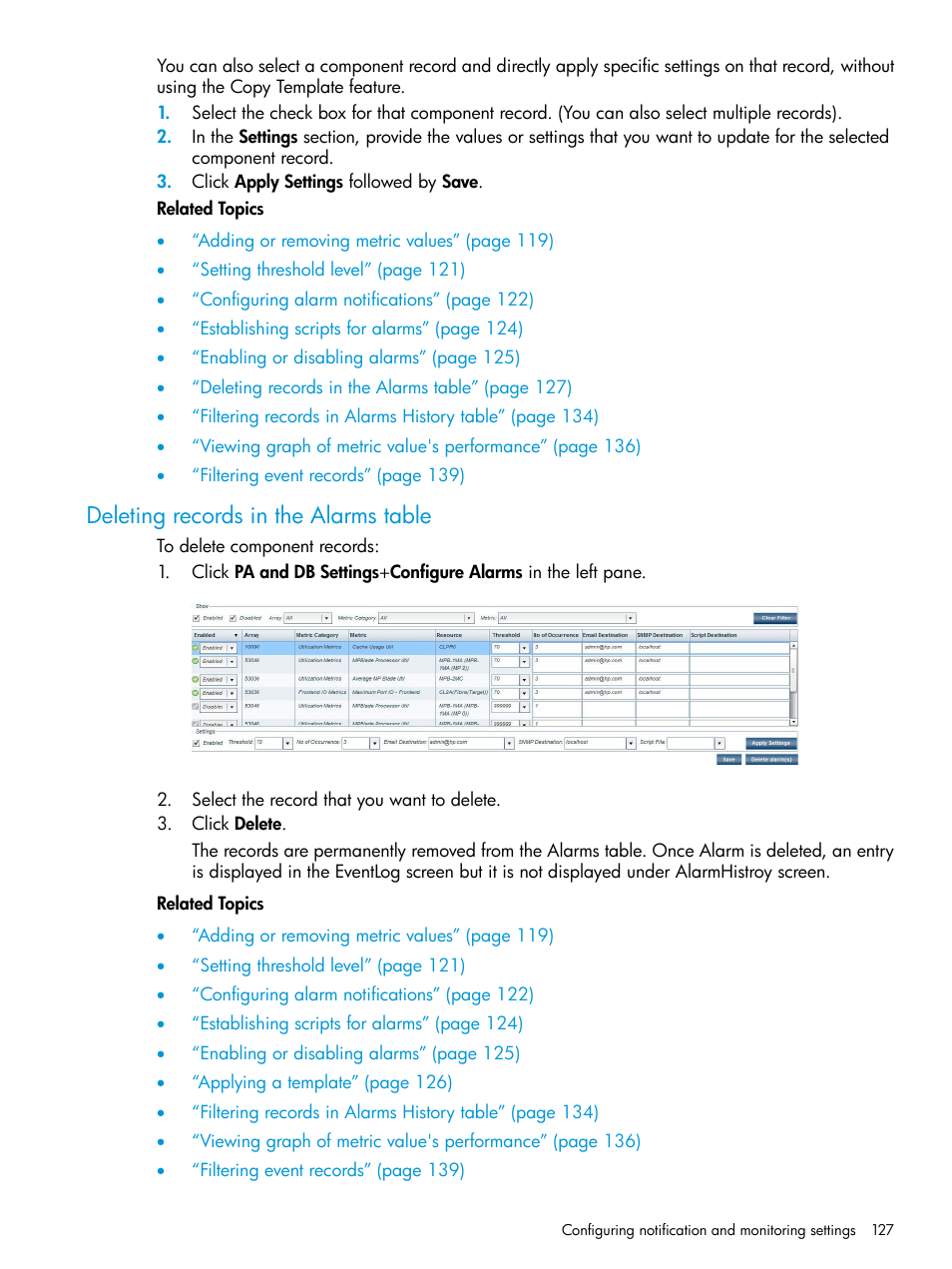 Deleting records in the alarms table | HP XP Performance Advisor Software User Manual | Page 127 / 414