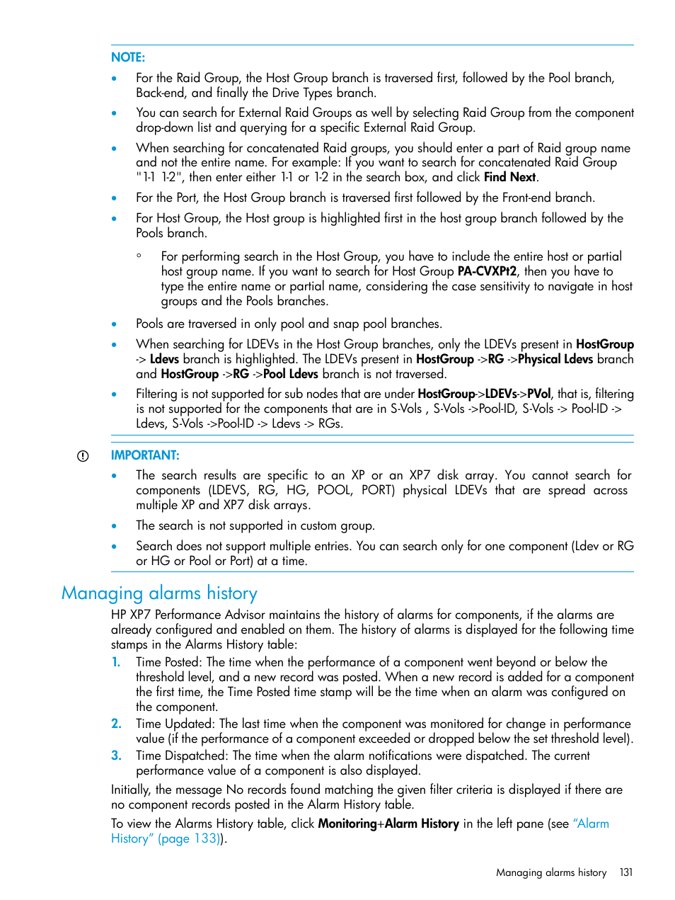 Managing alarms history | HP XP Performance Advisor Software User Manual | Page 131 / 414