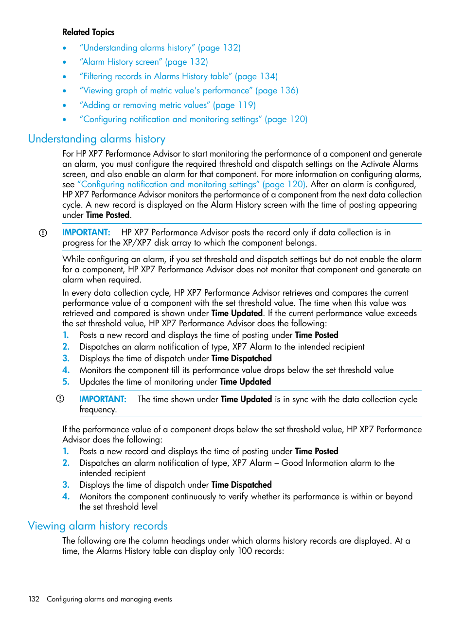 Understanding alarms history, Viewing alarm history records | HP XP Performance Advisor Software User Manual | Page 132 / 414