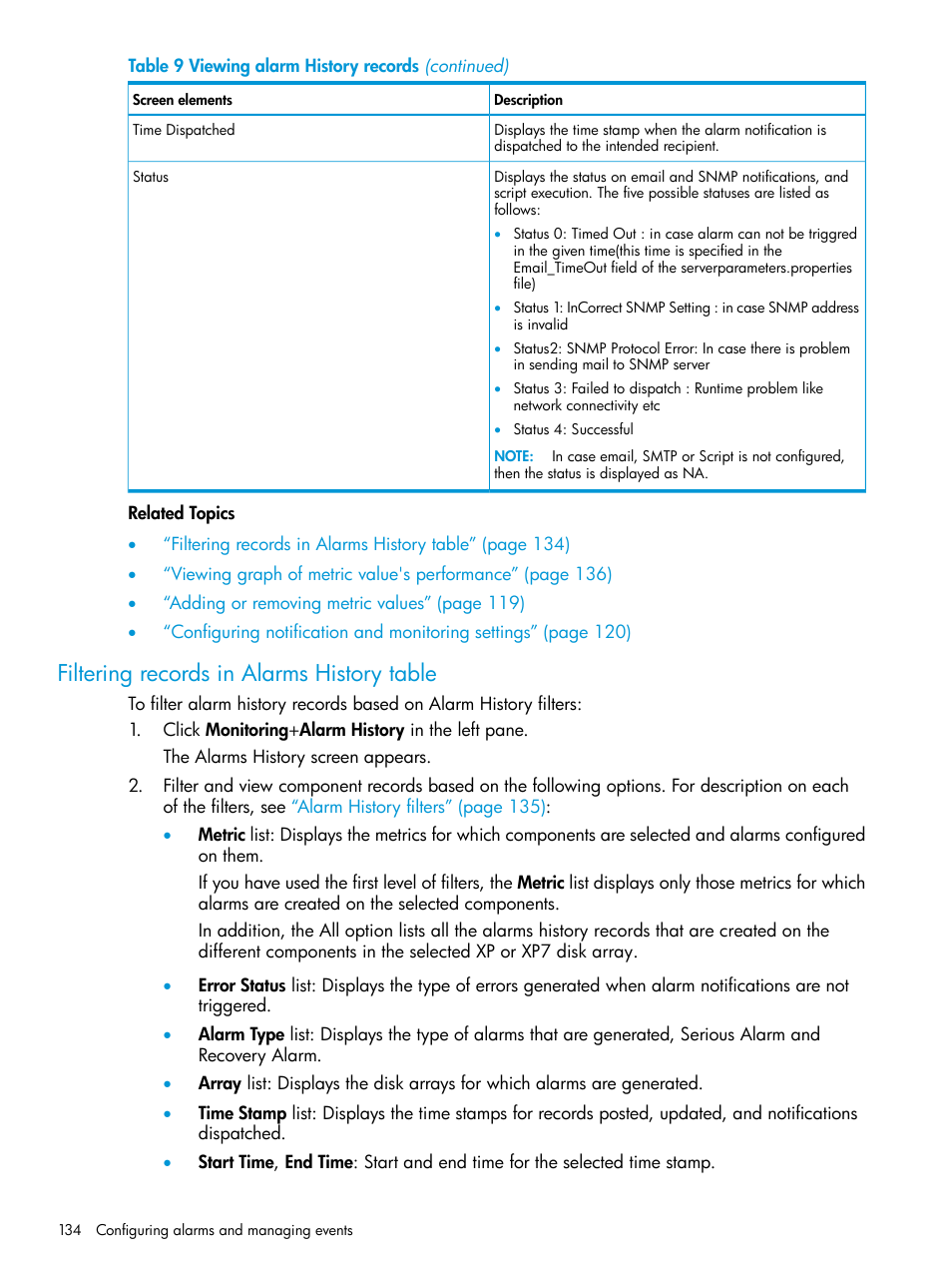Filtering records in alarms history table | HP XP Performance Advisor Software User Manual | Page 134 / 414