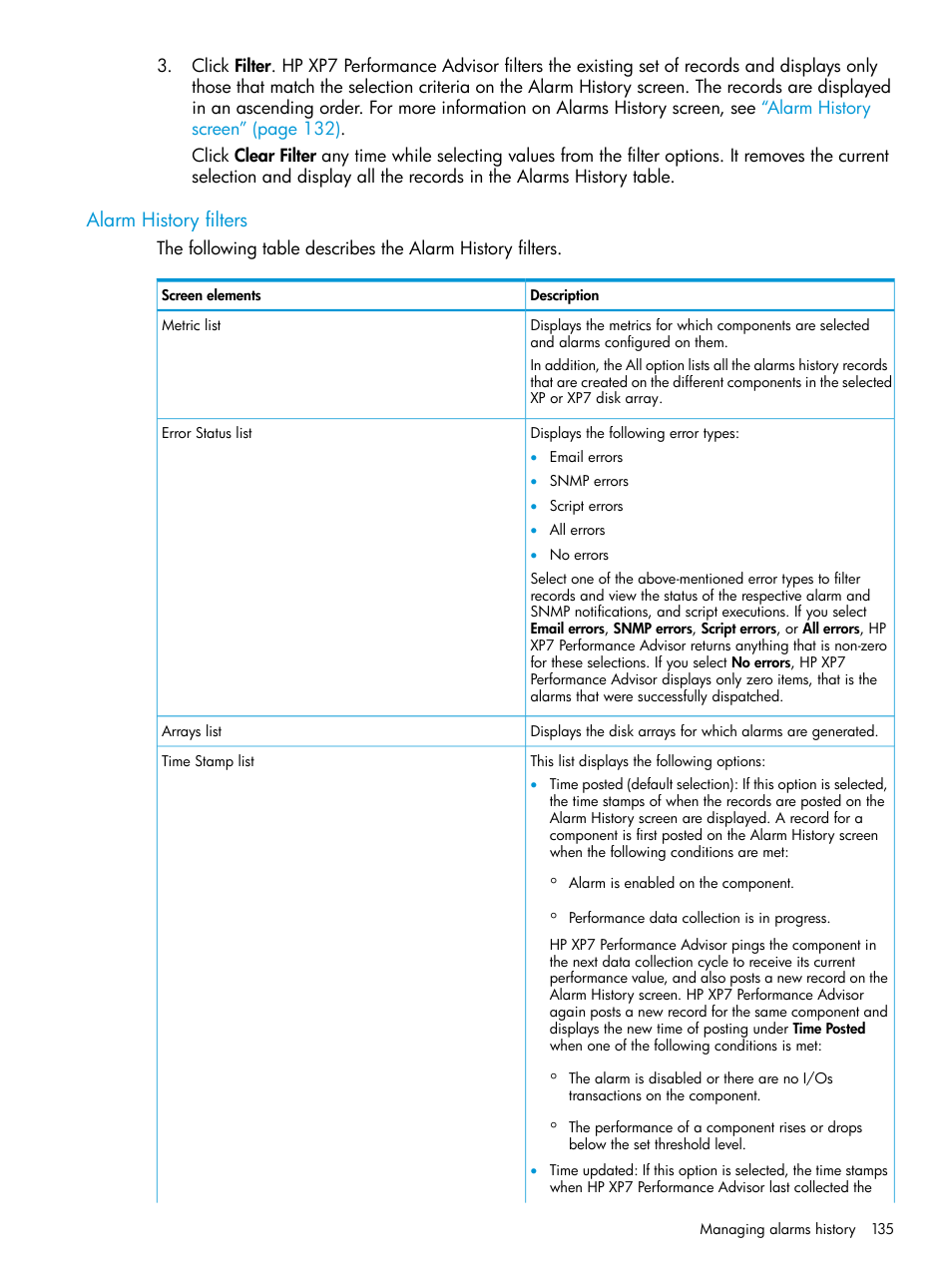 Alarm history filters | HP XP Performance Advisor Software User Manual | Page 135 / 414