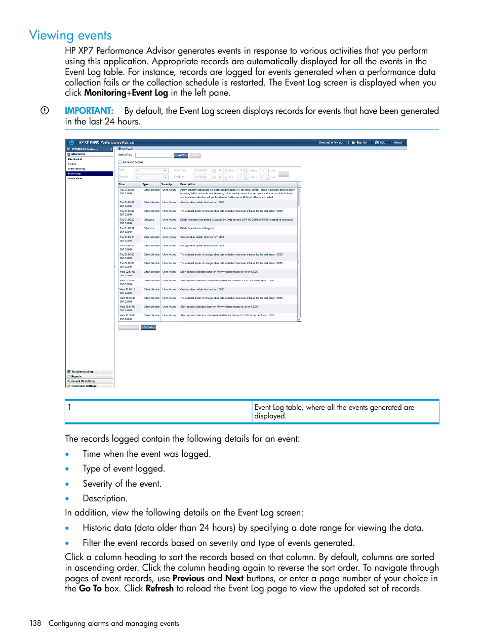 Viewing events, Viewing | HP XP Performance Advisor Software User Manual | Page 138 / 414