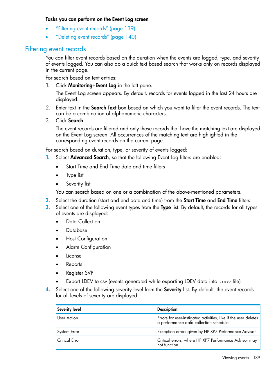 Filtering event records | HP XP Performance Advisor Software User Manual | Page 139 / 414