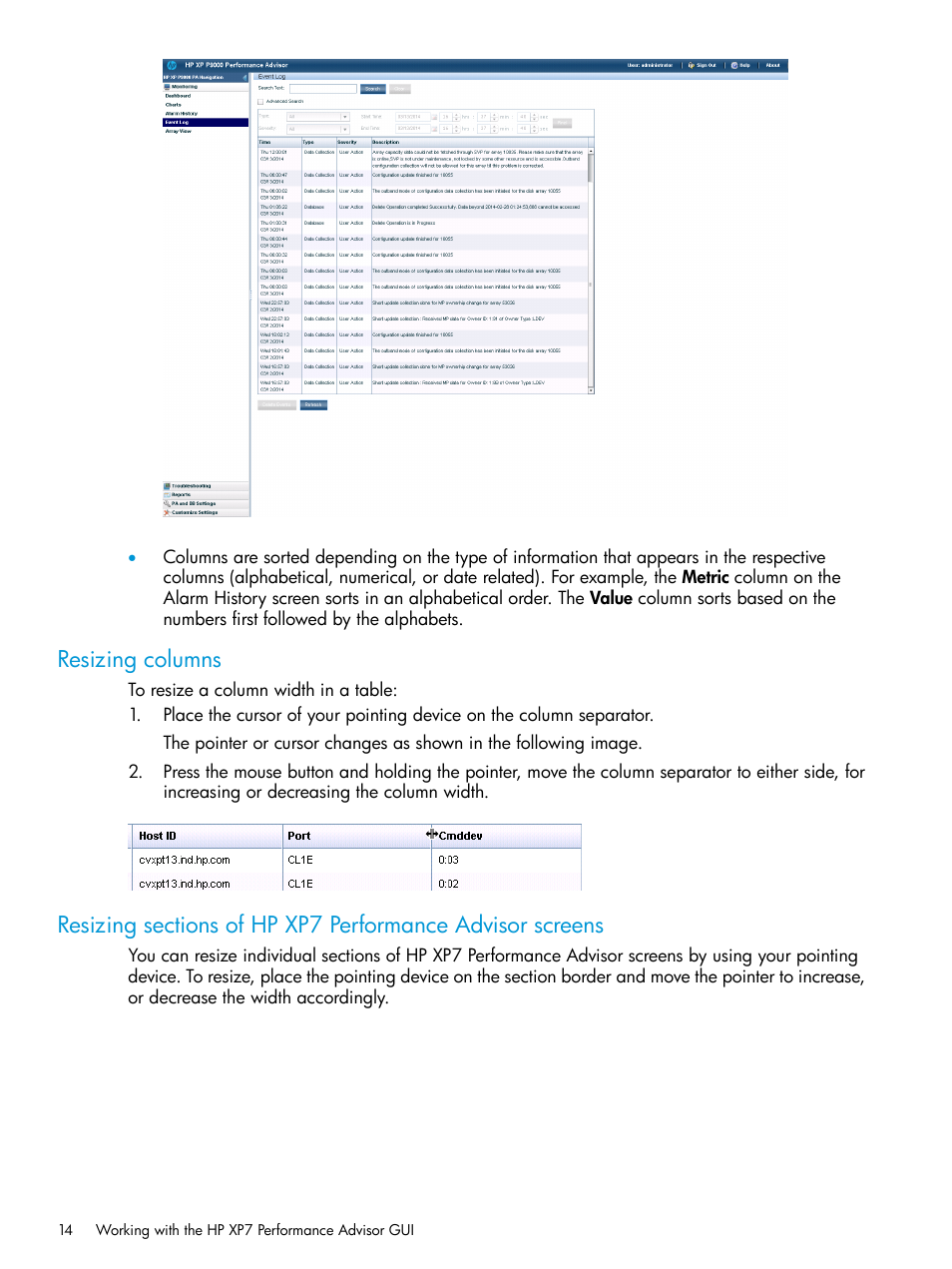 Resizing columns | HP XP Performance Advisor Software User Manual | Page 14 / 414