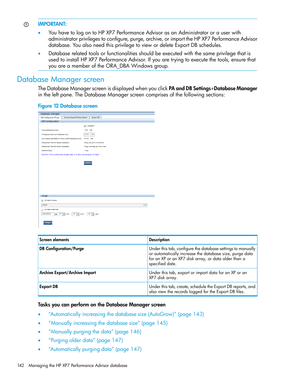 Database manager screen | HP XP Performance Advisor Software User Manual | Page 142 / 414