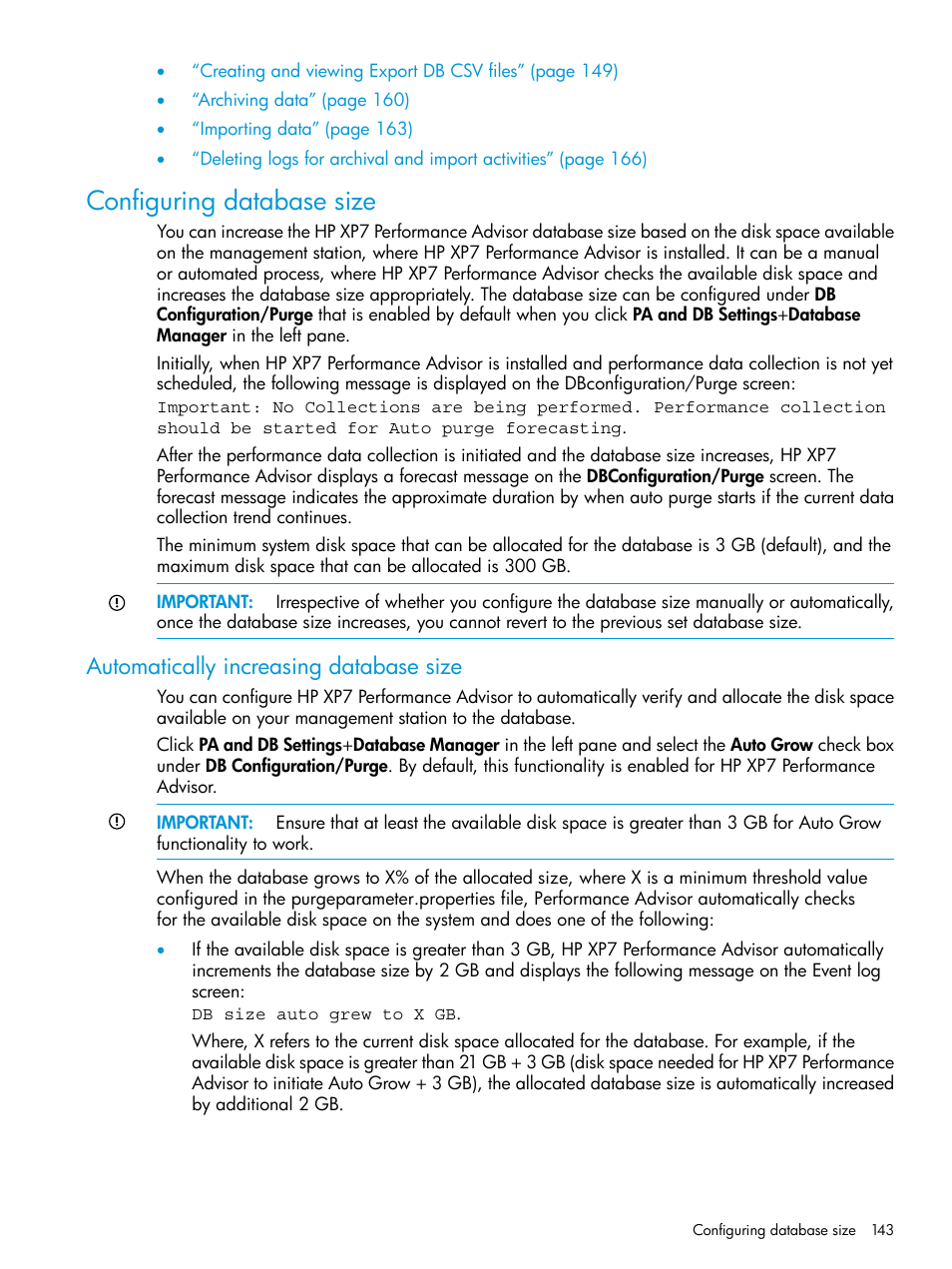 Configuring database size, Automatically increasing database size | HP XP Performance Advisor Software User Manual | Page 143 / 414