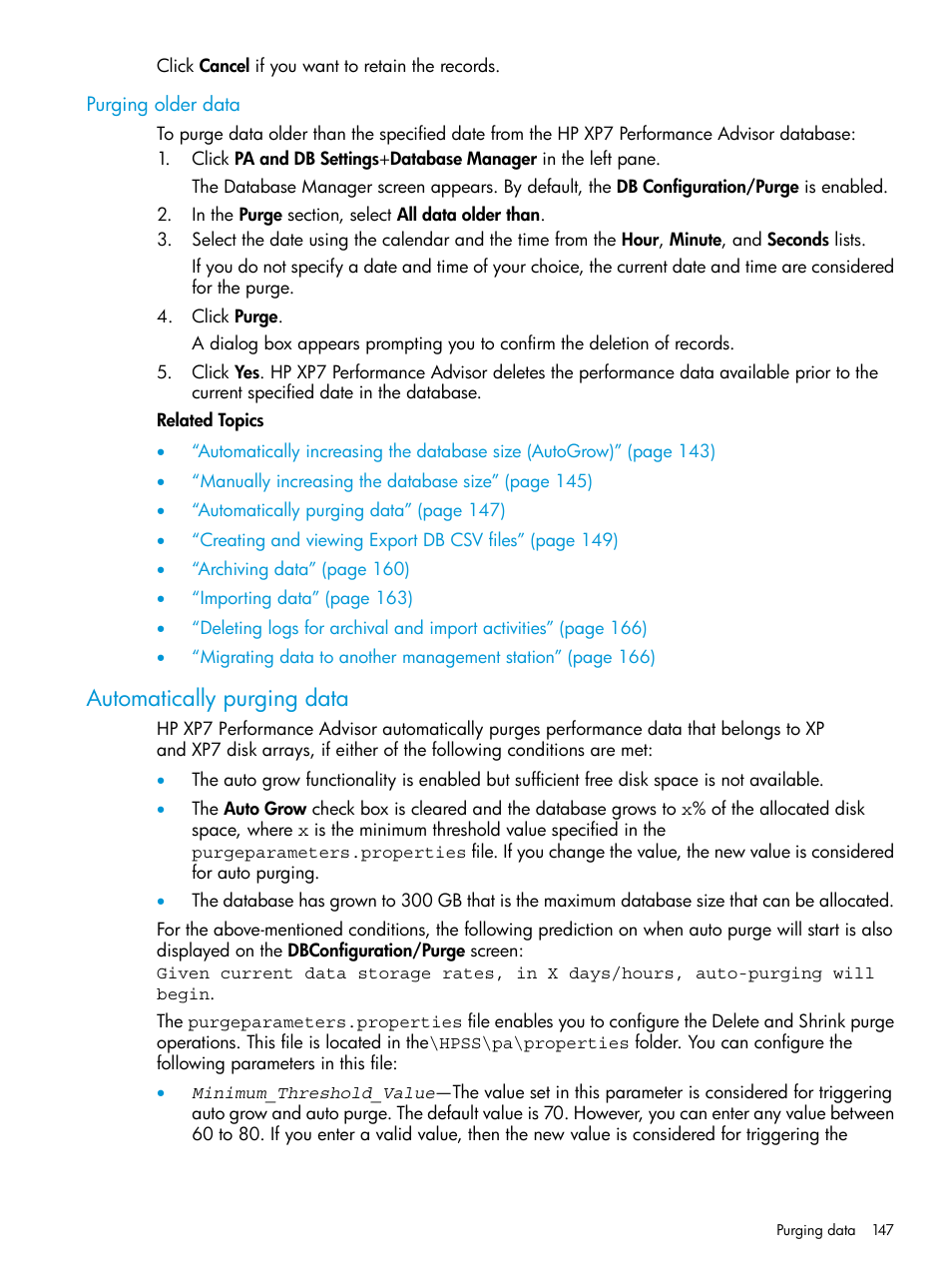 Purging older data, Automatically purging data, Automatically | HP XP Performance Advisor Software User Manual | Page 147 / 414