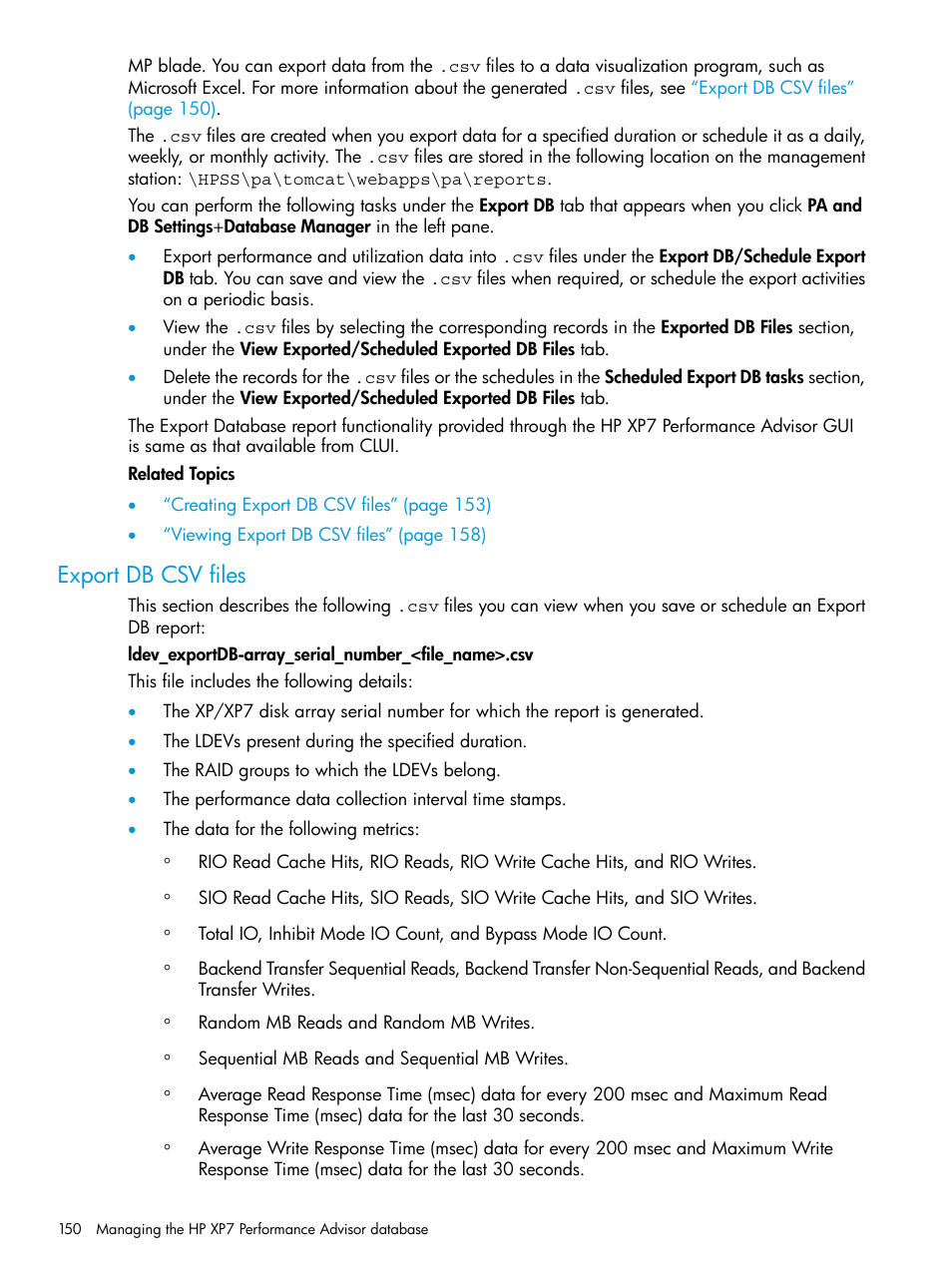 Export db csv files | HP XP Performance Advisor Software User Manual | Page 150 / 414