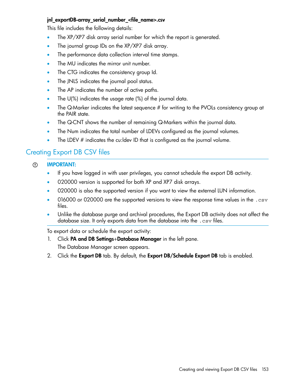 Creating export db csv files | HP XP Performance Advisor Software User Manual | Page 153 / 414