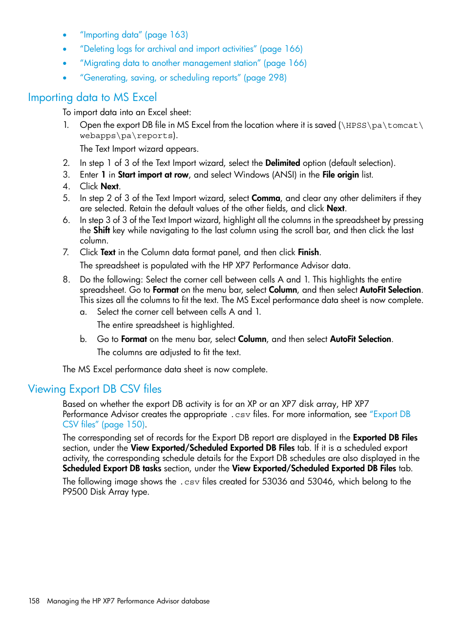 Importing data to ms excel, Viewing export db csv files | HP XP Performance Advisor Software User Manual | Page 158 / 414