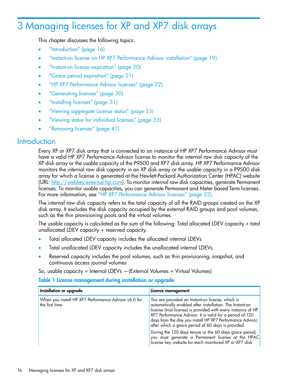 3 managing licenses for xp and xp7 disk arrays, Introduction | HP XP Performance Advisor Software User Manual | Page 16 / 414