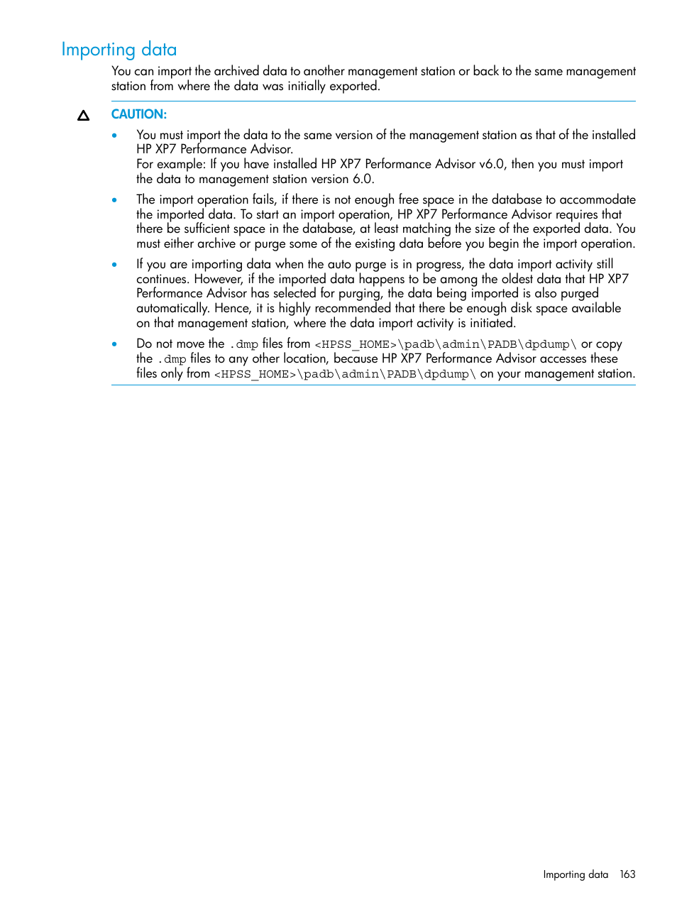 Importing data, Importing | HP XP Performance Advisor Software User Manual | Page 163 / 414