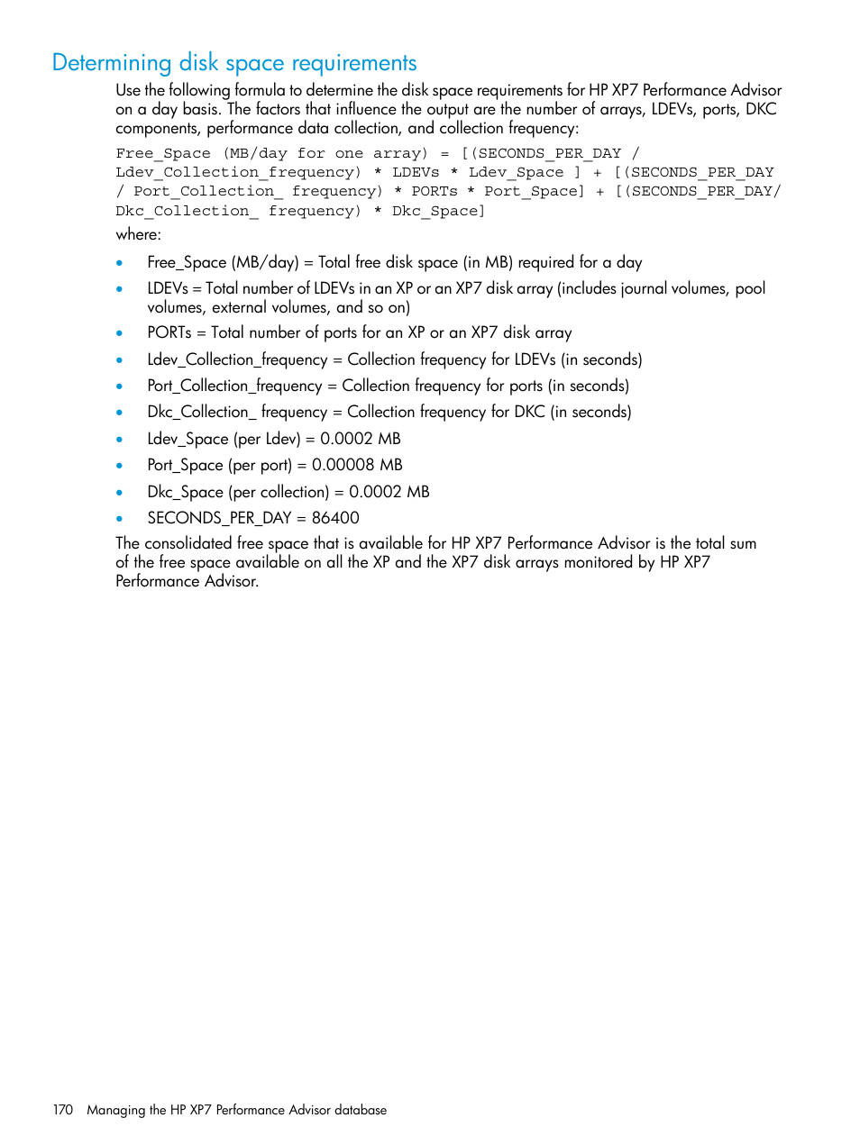 Determining disk space requirements | HP XP Performance Advisor Software User Manual | Page 170 / 414
