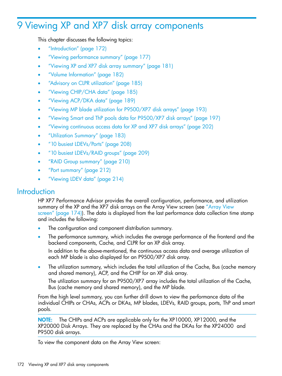 9 viewing xp and xp7 disk array components, Introduction | HP XP Performance Advisor Software User Manual | Page 172 / 414