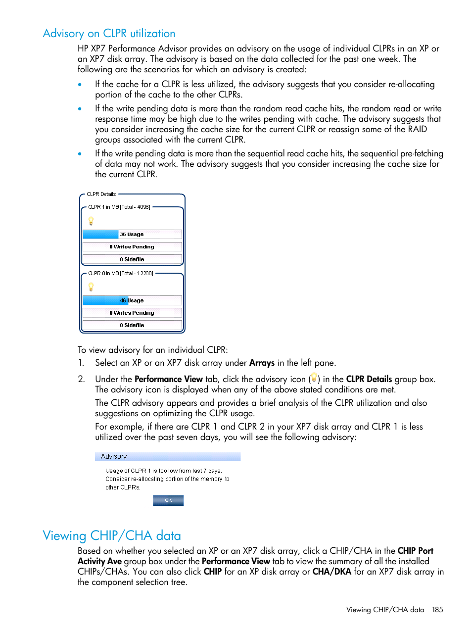 Advisory on clpr utilization, Viewing chip/cha data, Viewing chip/cha | Viewing | HP XP Performance Advisor Software User Manual | Page 185 / 414