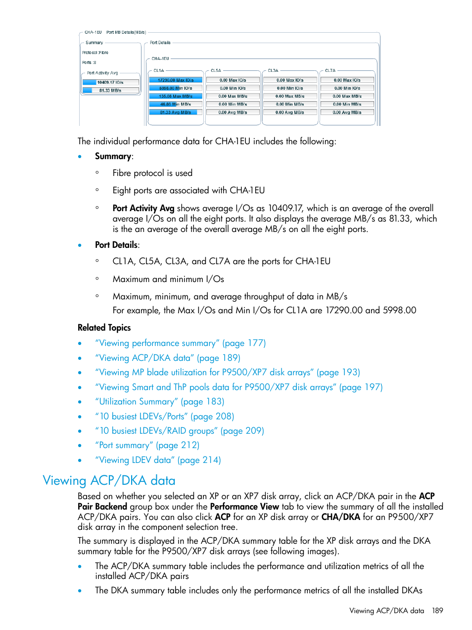 Viewing acp/dka data, Viewing acp/dka | HP XP Performance Advisor Software User Manual | Page 189 / 414