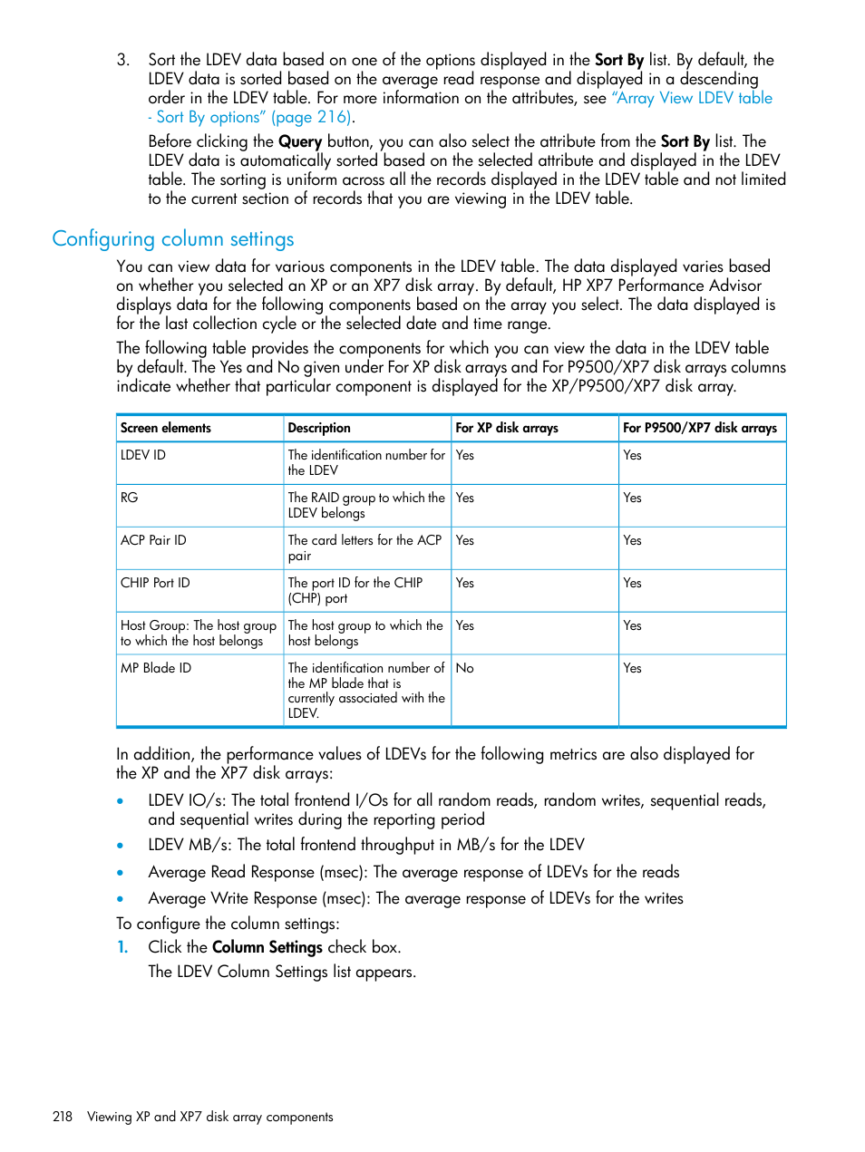 Configuring column settings | HP XP Performance Advisor Software User Manual | Page 218 / 414
