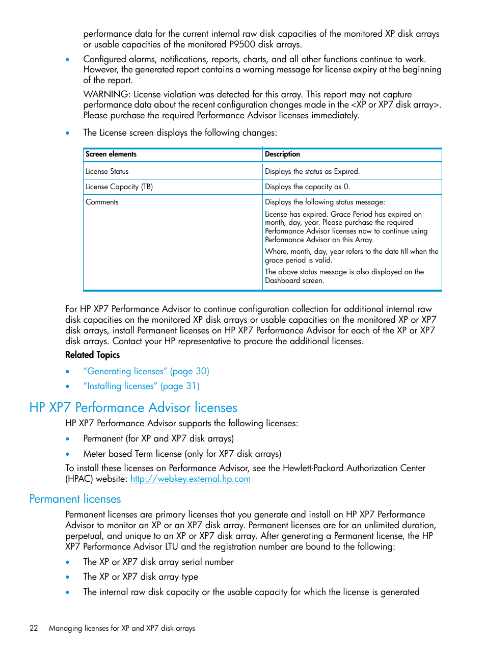 Hp xp7 performance advisor licenses, Permanent licenses | HP XP Performance Advisor Software User Manual | Page 22 / 414