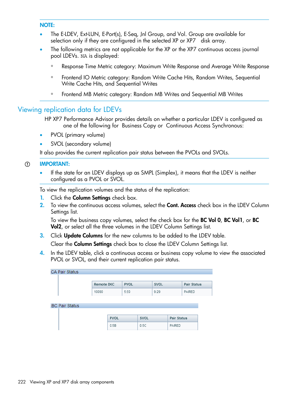 Viewing replication data for ldevs | HP XP Performance Advisor Software User Manual | Page 222 / 414