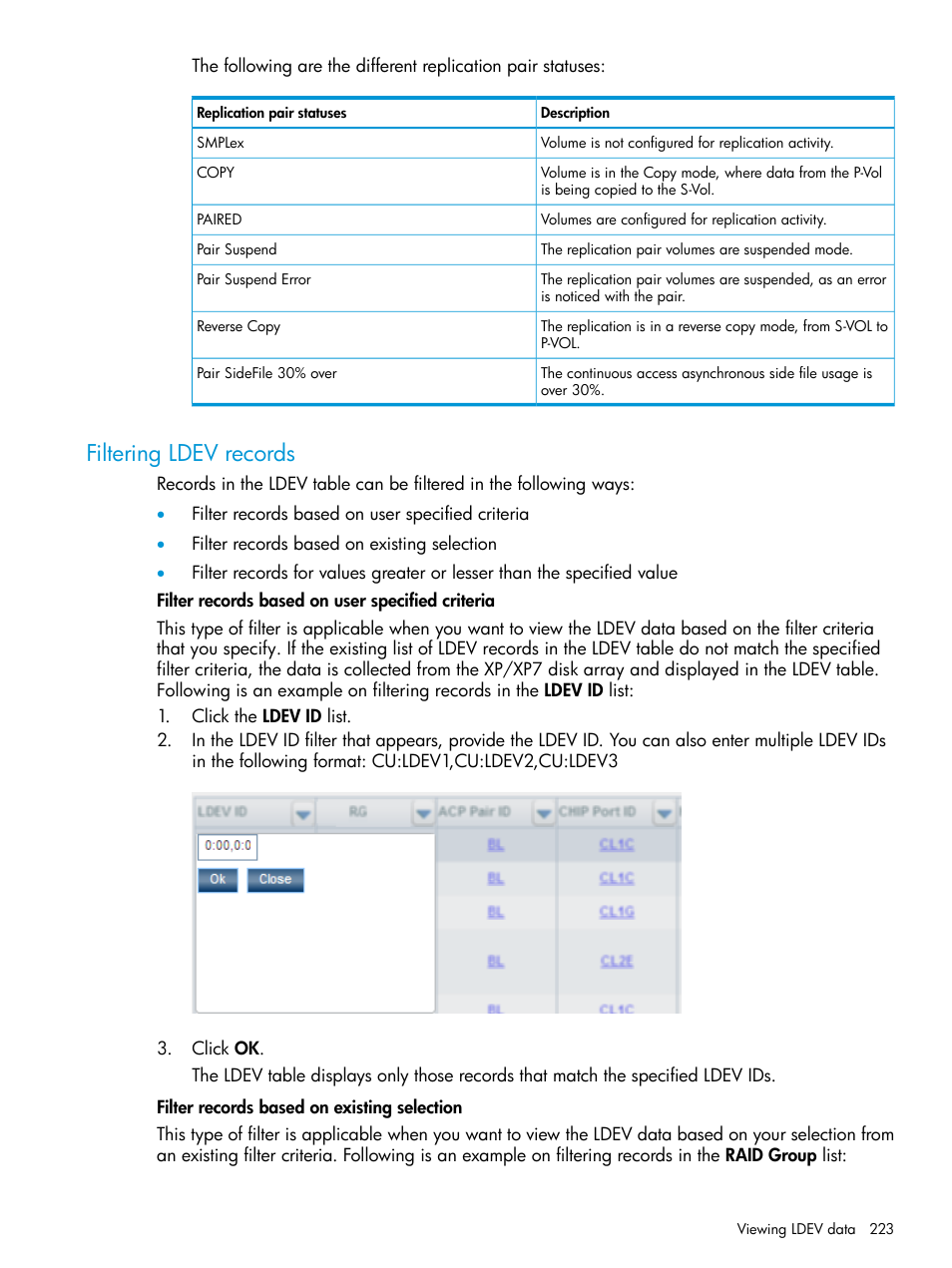 Filtering ldev records | HP XP Performance Advisor Software User Manual | Page 223 / 414