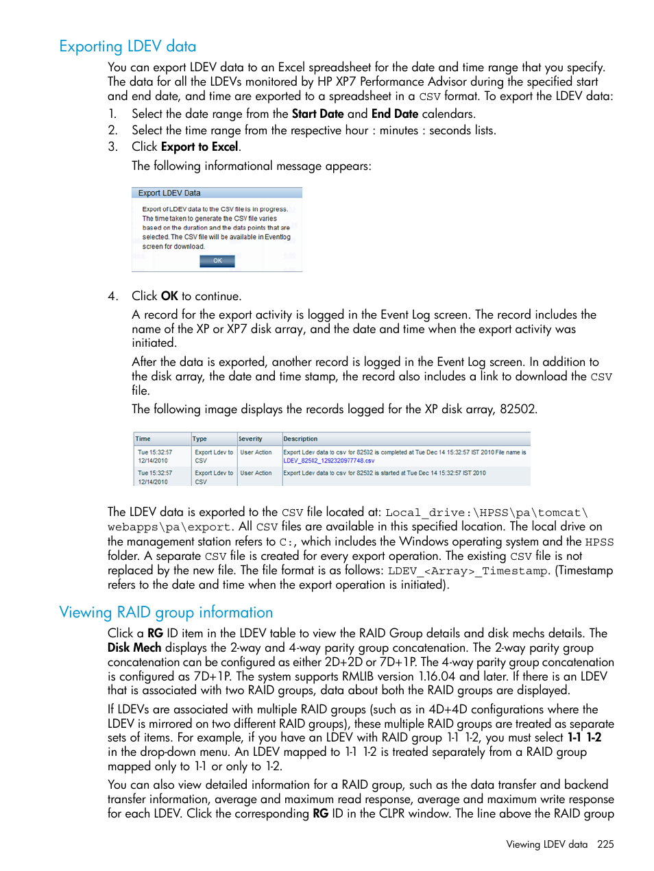 Exporting ldev data, Viewing raid group information, Exporting ldev data viewing raid group information | HP XP Performance Advisor Software User Manual | Page 225 / 414