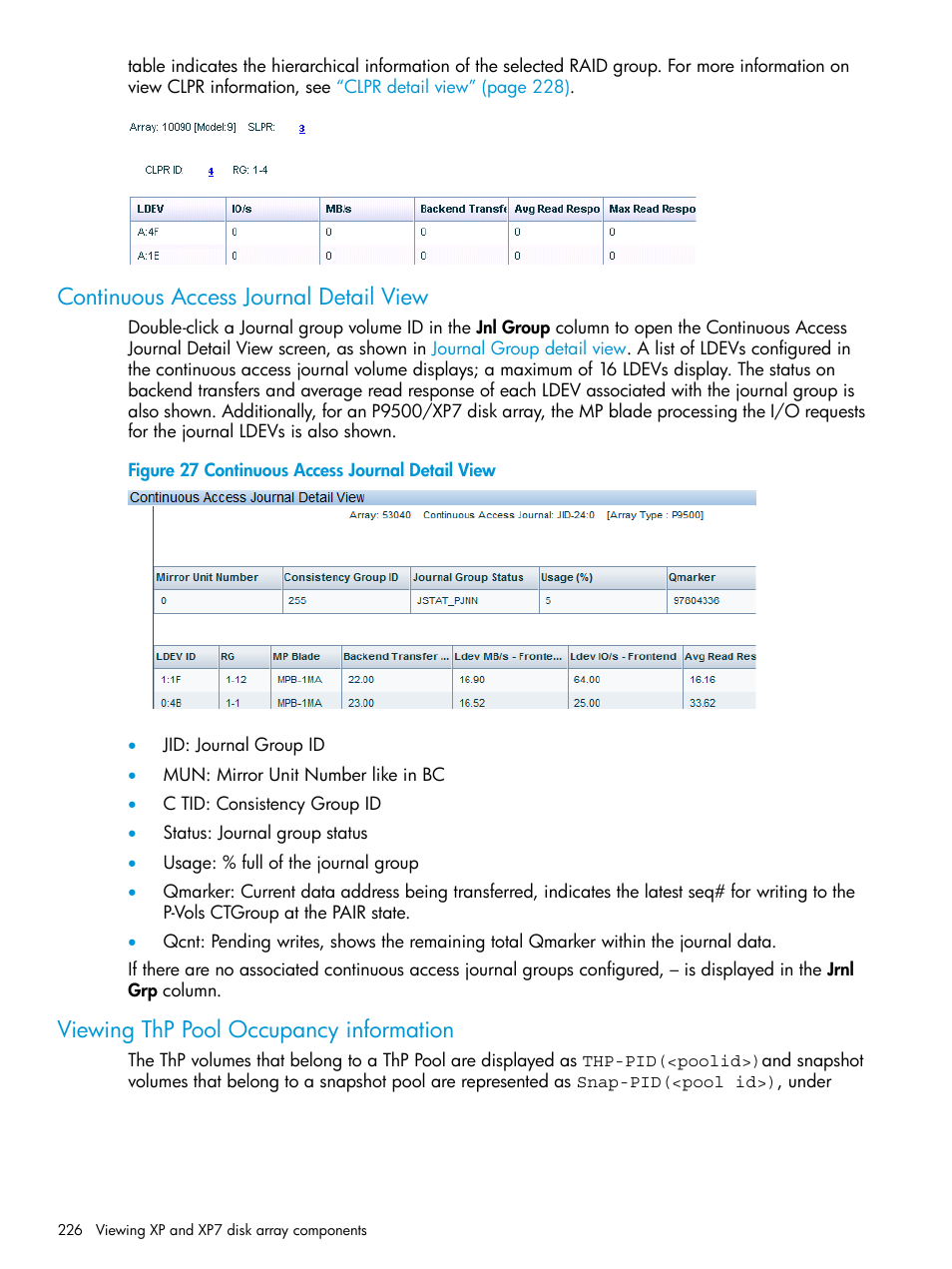 Continuous access journal detail view, Viewing thp pool occupancy information | HP XP Performance Advisor Software User Manual | Page 226 / 414