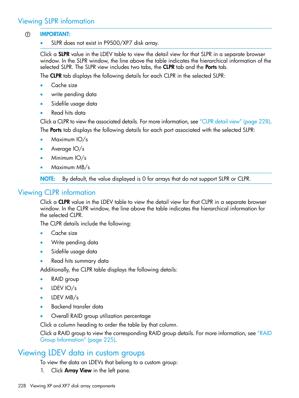 Viewing slpr information, Viewing clpr information, Viewing ldev data in custom groups | Viewing slpr information viewing clpr information, Viewing ldev data in | HP XP Performance Advisor Software User Manual | Page 228 / 414