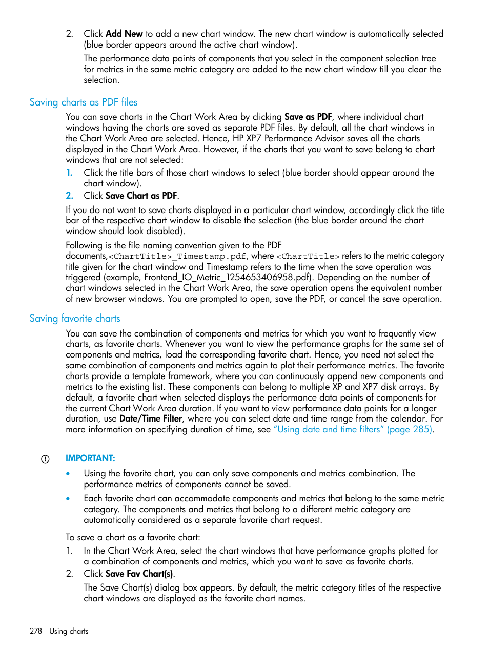 Saving charts as pdf files, Saving favorite charts, Saving charts as pdf files saving favorite charts | HP XP Performance Advisor Software User Manual | Page 278 / 414