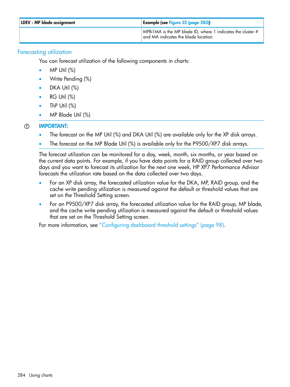 Forecasting utilization | HP XP Performance Advisor Software User Manual | Page 284 / 414