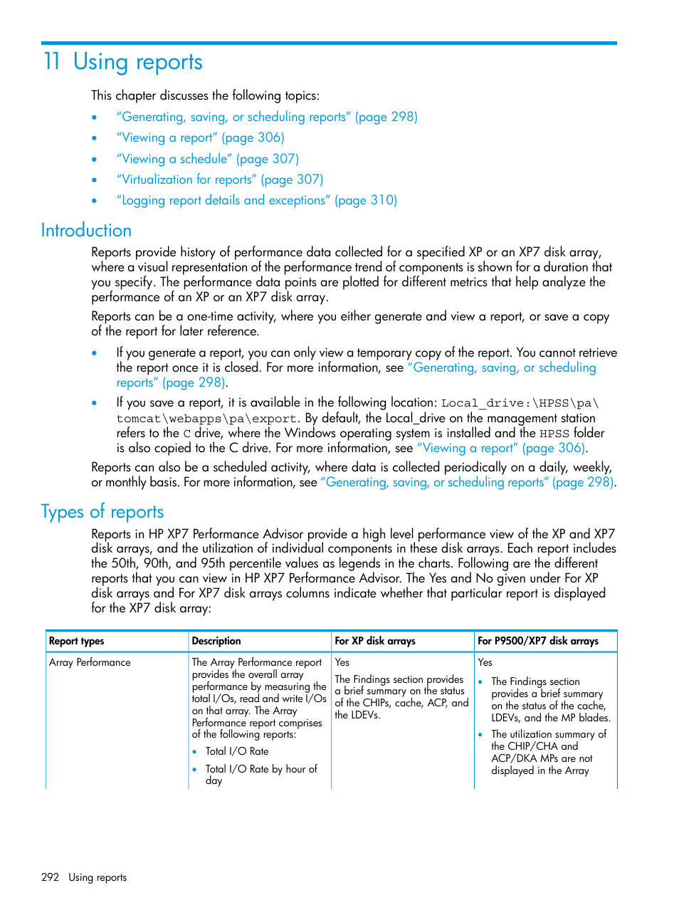 11 using reports, Introduction, Types of reports | Introduction types of reports | HP XP Performance Advisor Software User Manual | Page 292 / 414