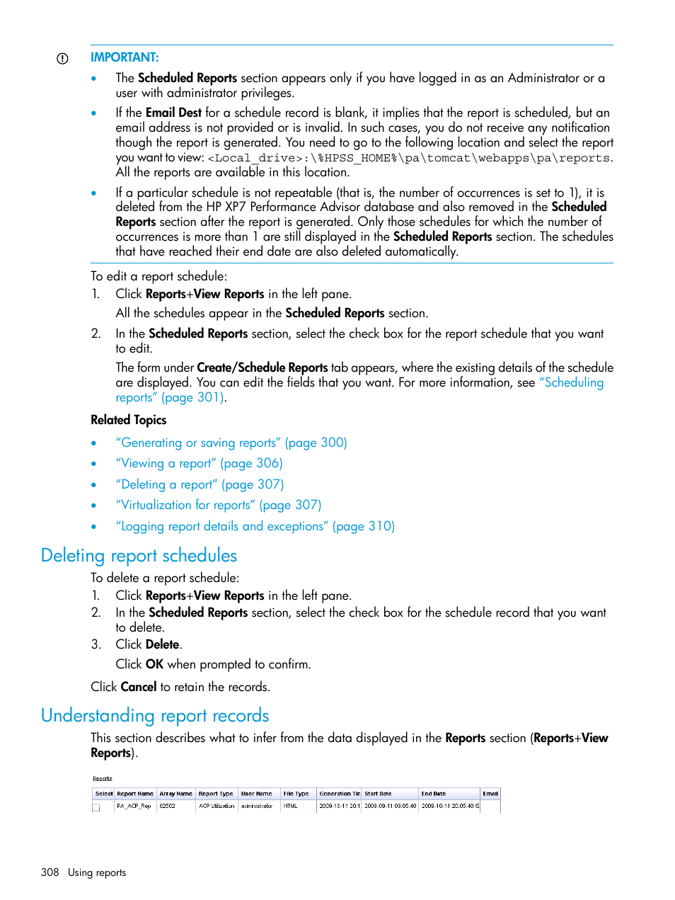 Deleting report schedules, Understanding report records | HP XP Performance Advisor Software User Manual | Page 308 / 414