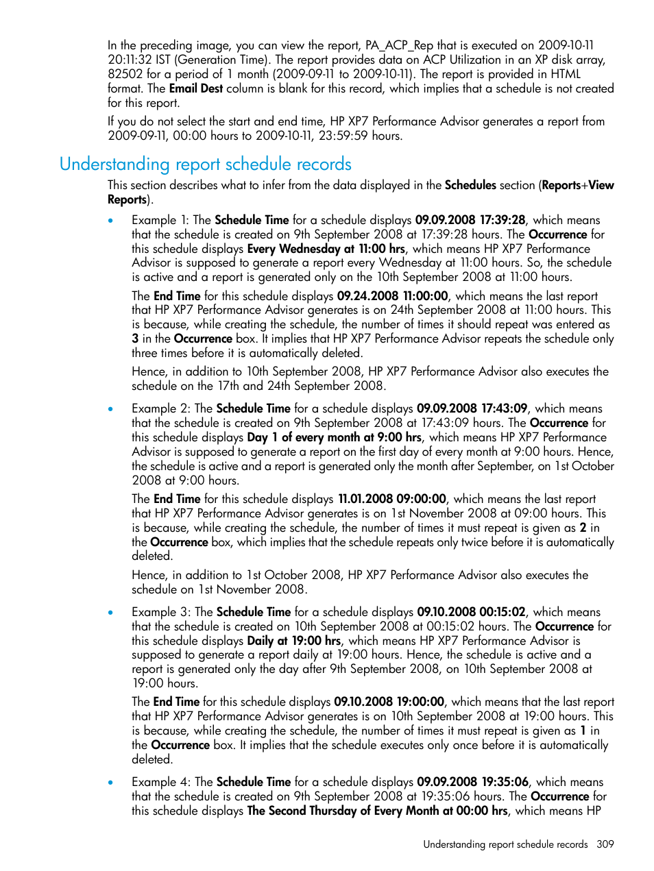 Understanding report schedule records | HP XP Performance Advisor Software User Manual | Page 309 / 414