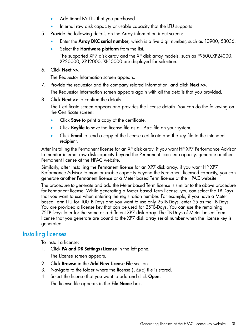 Installing licenses | HP XP Performance Advisor Software User Manual | Page 31 / 414