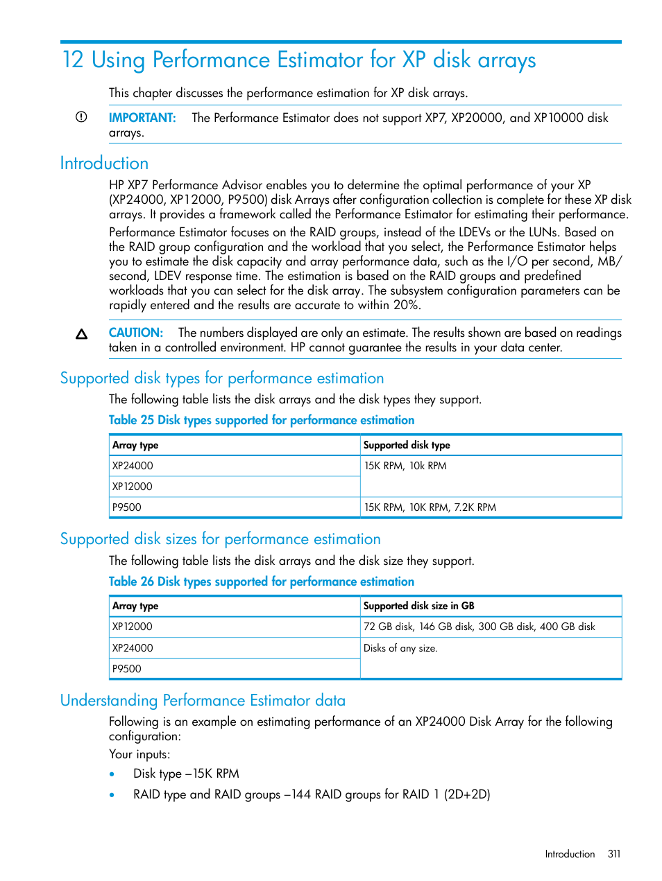 12 using performance estimator for xp disk arrays, Introduction, Supported disk types for performance estimation | Supported disk sizes for performance estimation, Understanding performance estimator data | HP XP Performance Advisor Software User Manual | Page 311 / 414